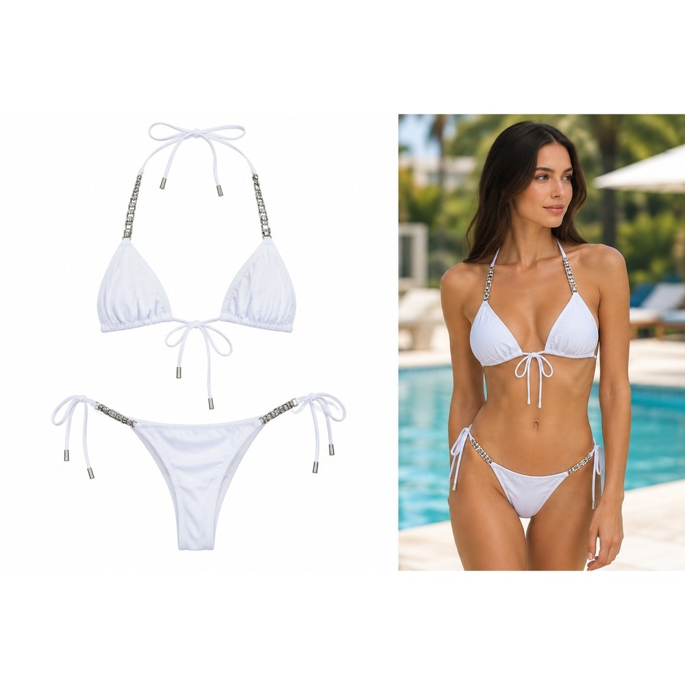 White Rhinestone Chain Triangle Bikini Set Two Piece Swimsuit Medium